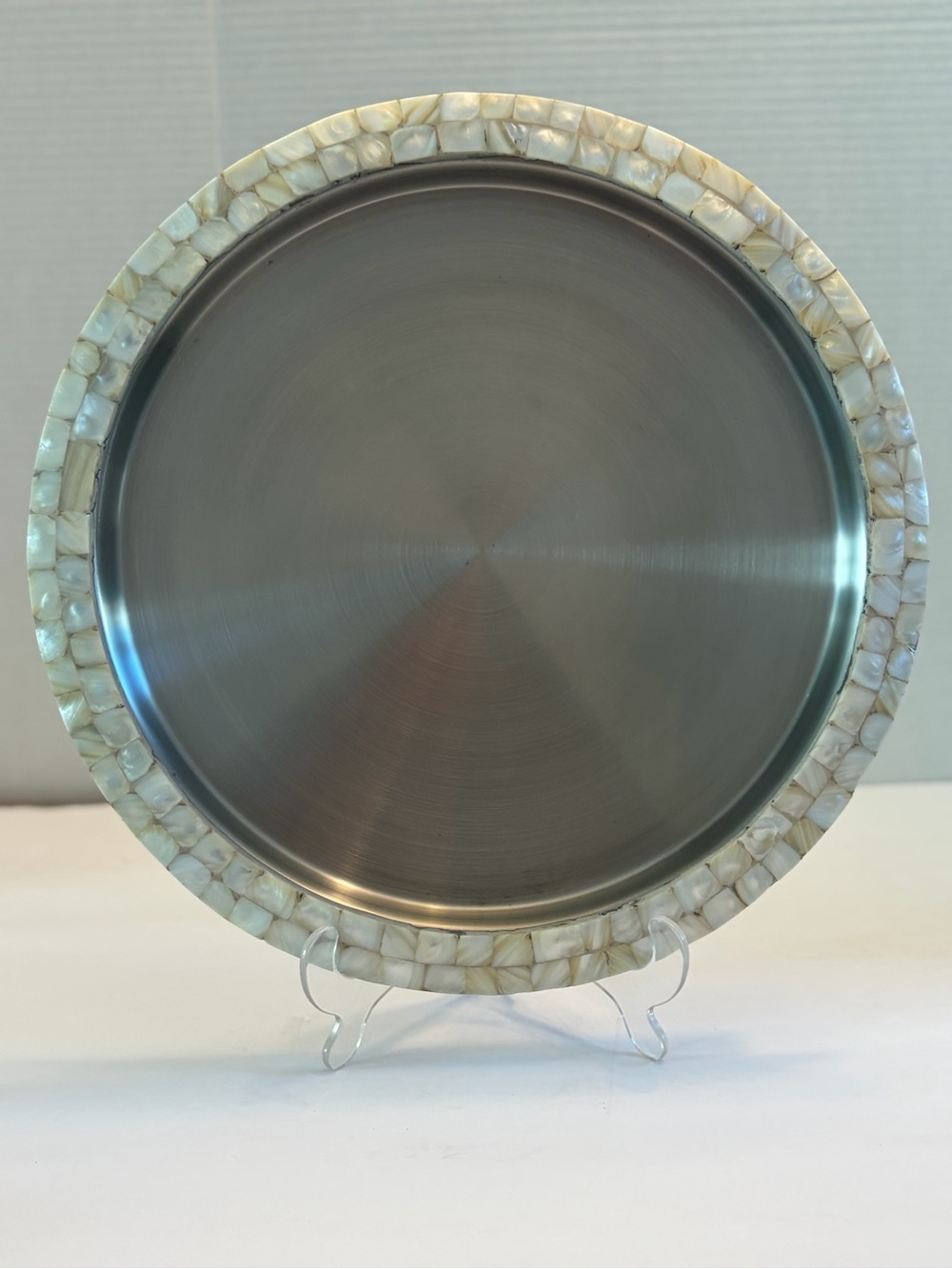 Pier 1 Imports 14" Mother of Pearl Mosaic Charger Plate / Tray Stainless Steel